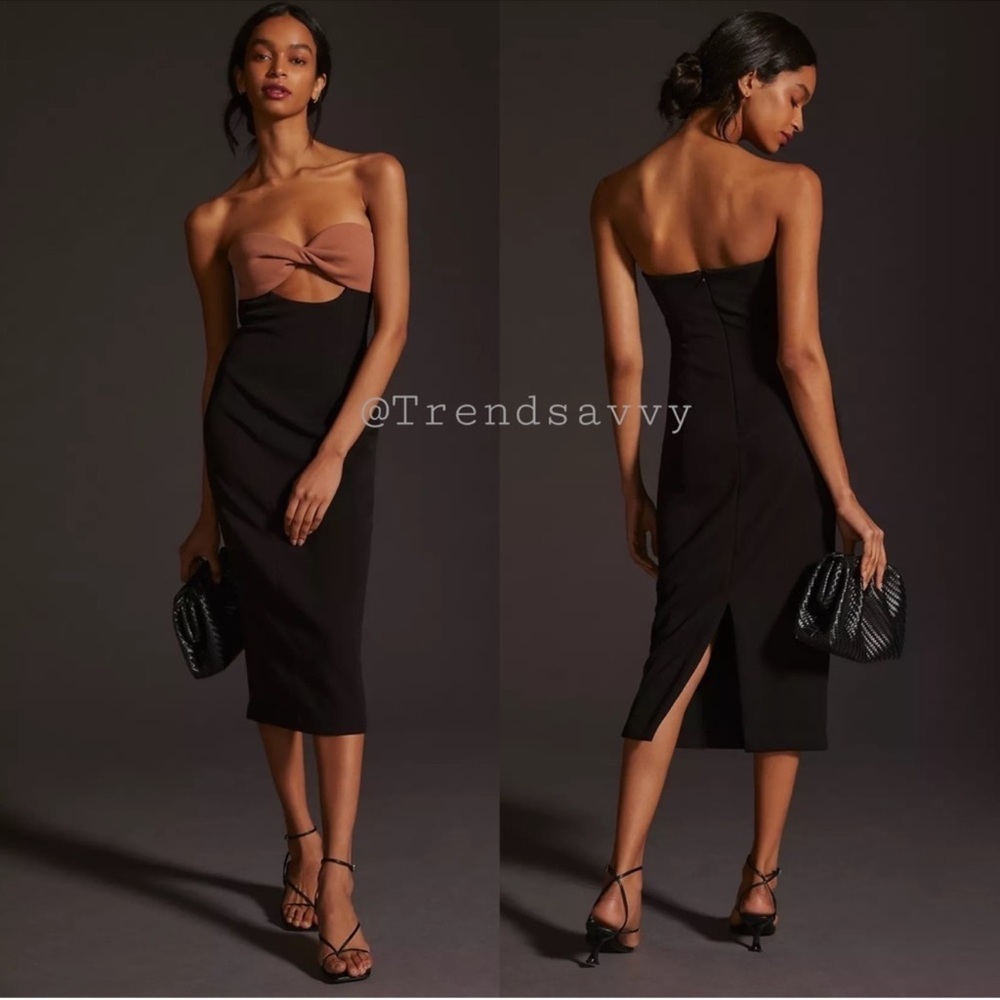 Anthropologie MISHA Black Strapless Twist Front Midi Dress Size 12 Cocktail NWT